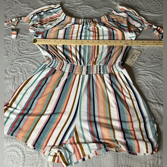 Derek Heart Vibrant Orange and GREEN short Romper with Vertical Stripes - Picture 2 of 8